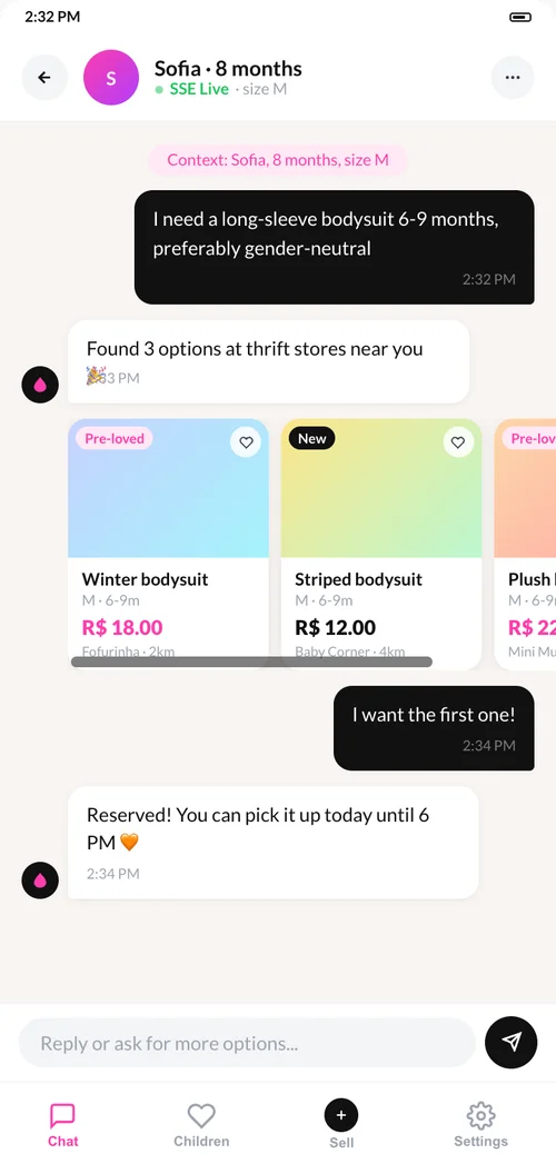 Conversation in the app: request for a 6-9 month bodysuit, 3 options found at thrift stores near you, and a confirmed reservation