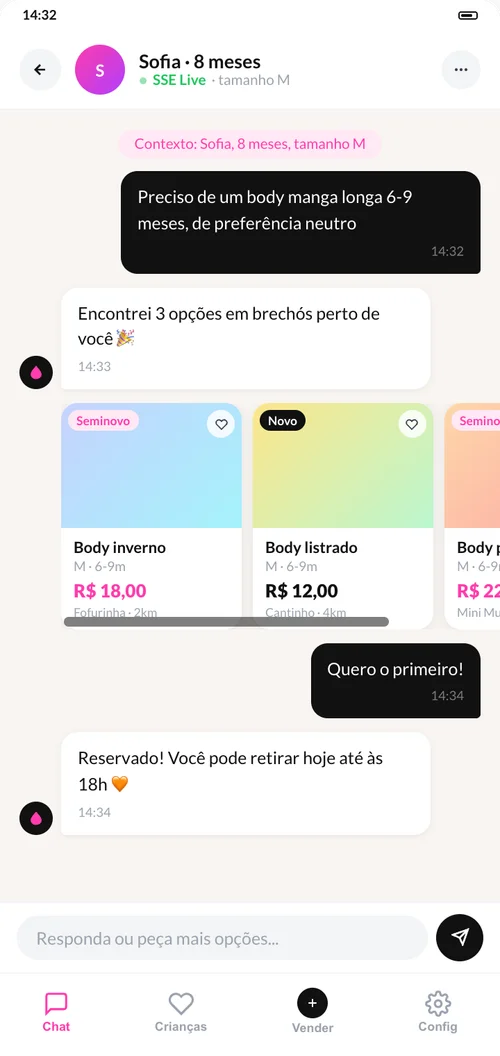 Conversa no app: pedido de body 6-9 meses, 3 opções encontradas em brechós perto de você e reserva confirmada